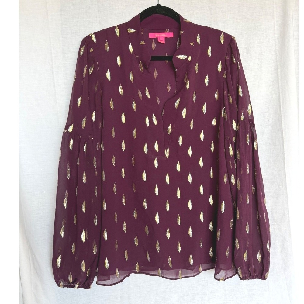 Lilly Pulitzer Shea Metallic Luxe Tunic Top Purple Gold Silk Puff Sleeve Large